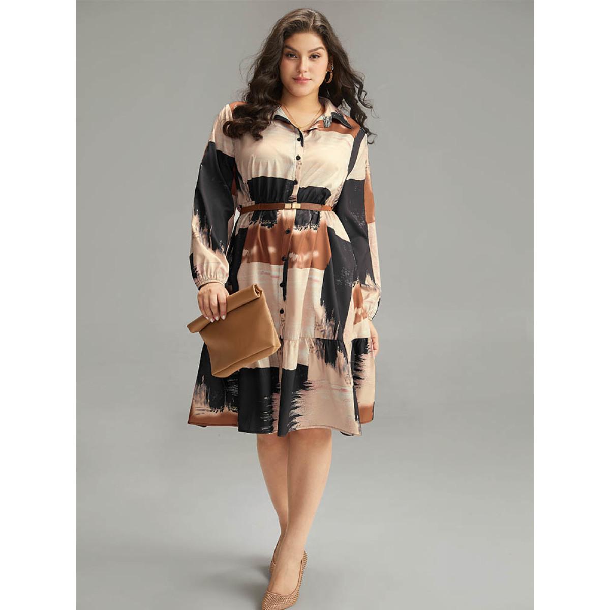 Plus Size Brush Print Contrast Elastic Waist Button Through Dress Multicolor Women Office Elastic cuffs Shirt collar Long Sleeve Curvy Midi Dress BloomChic 12/L Product Image