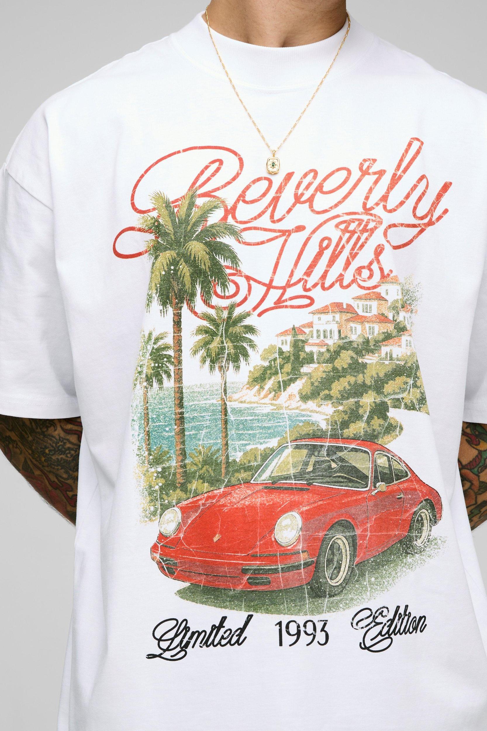 White Oversized Extended Neck Palm Moto Printed T-Shirt | boohooMAN USA Product Image