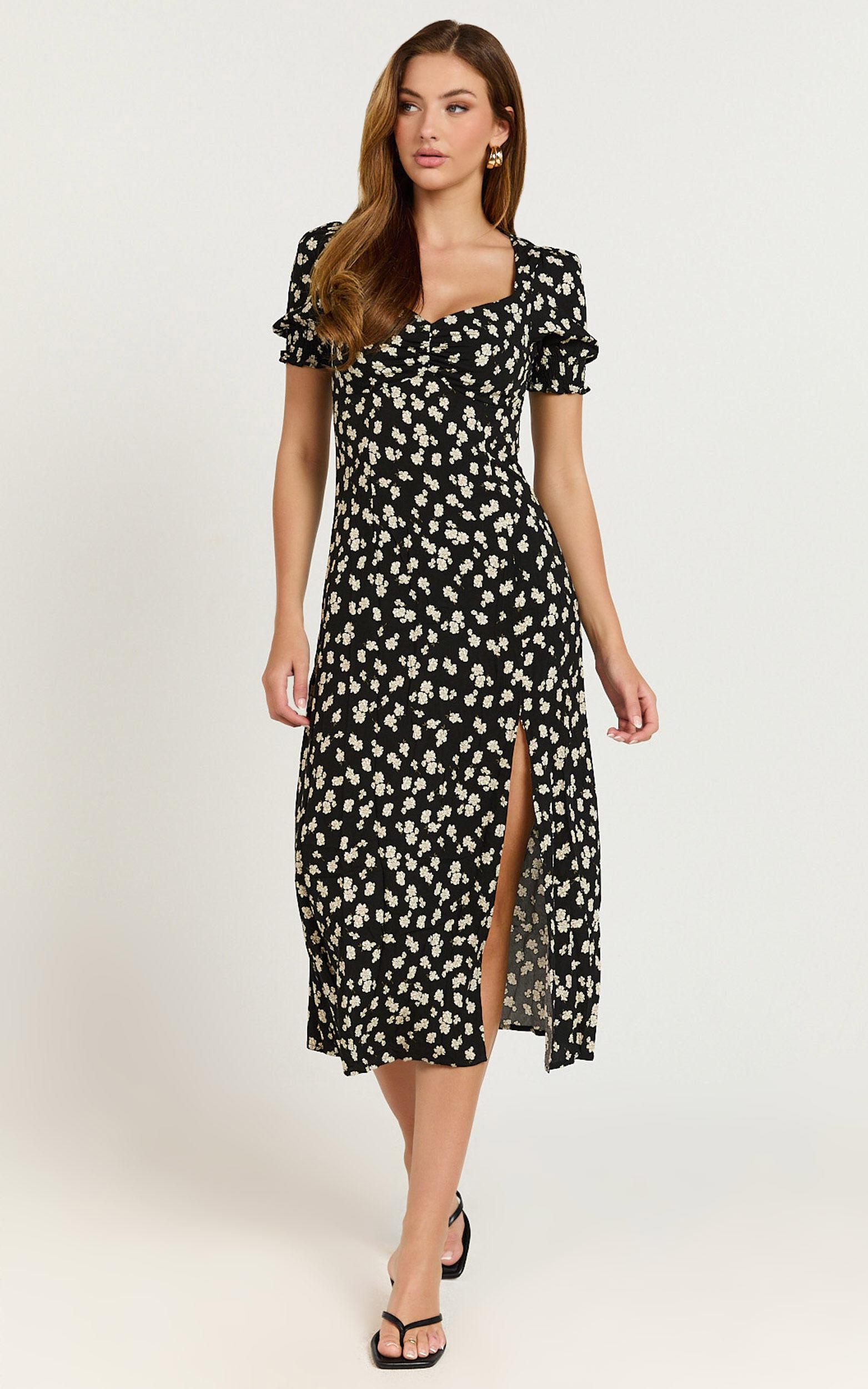 Marcel Midi Dress - Sweetheart Puff Sleeve Thigh Split Dress in Black Wildflower Product Image