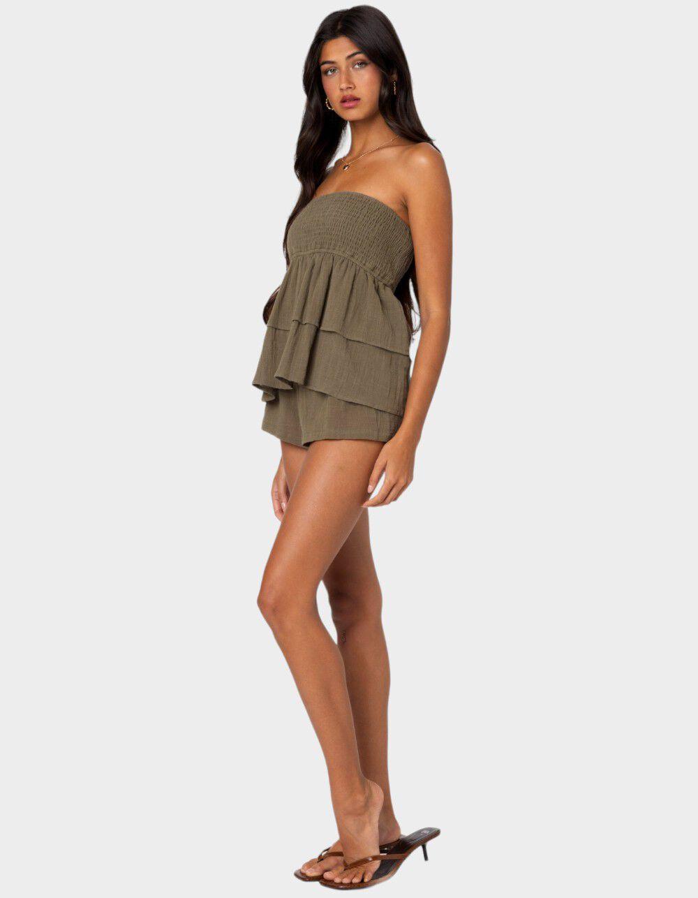 EDIKTED Harleigh Ruffled Linen Look Tube Top - DK GREEN Product Image