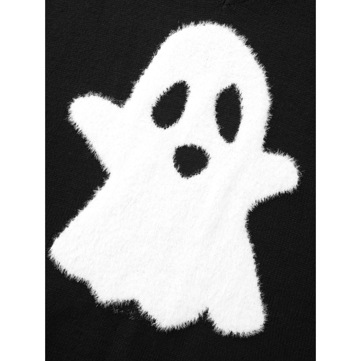 Plus Size Mink Touch Ghost Printed Pullover Black Women Playful Long Sleeve V-neck Casual Pullovers BloomChic 18-20/2X Product Image