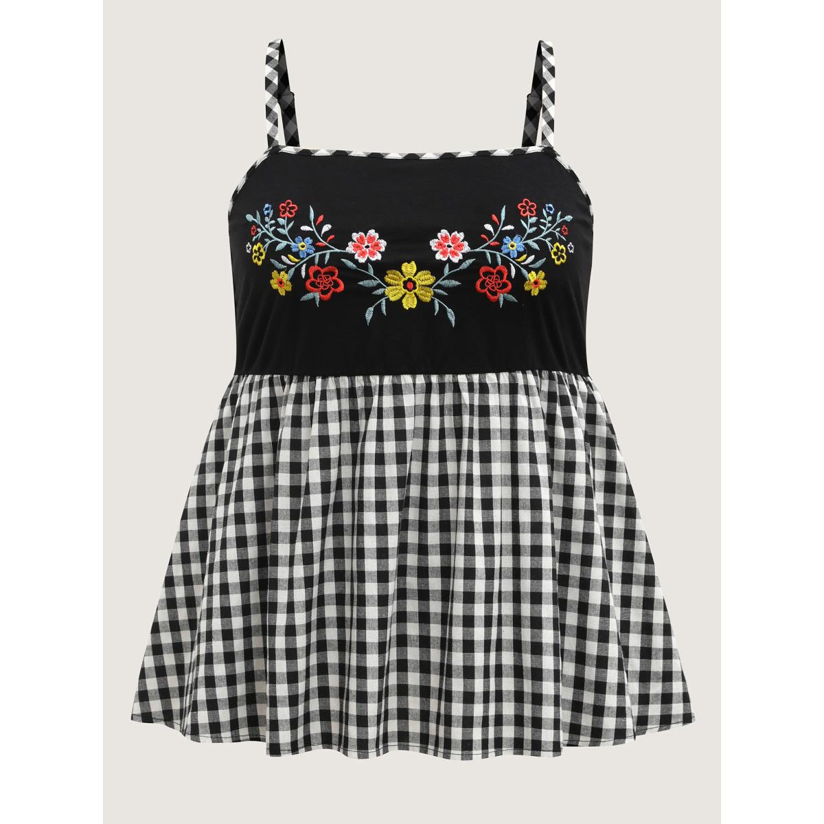 Plus Size Floral Embroidered Plaid Shirred Tank Top Women Black Boho Gathered Non Vacation Tank Tops Camis BloomChic 12/L Product Image