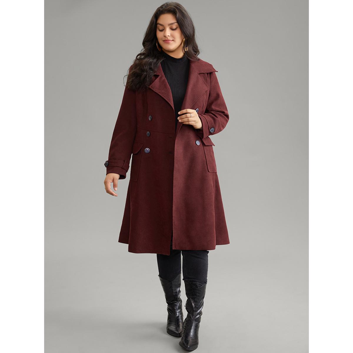 Plus Size Lapel Collar Solid Double Breasted Belted Coat Women Burgundy Work From Home Lined Ladies Work Winter Coats BloomChic 10/M Product Image