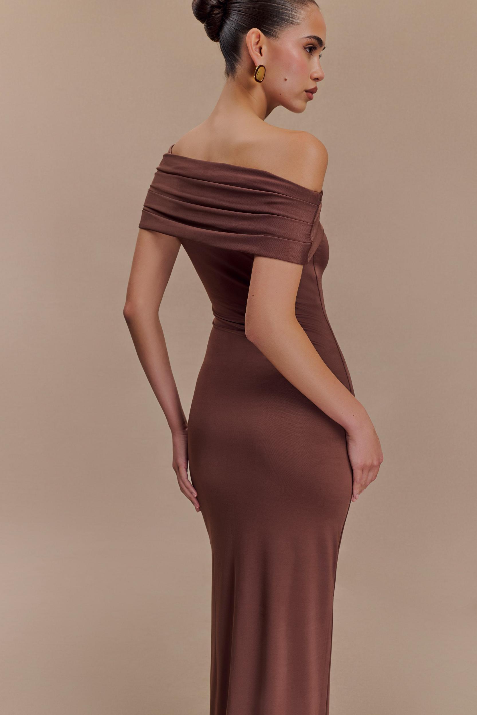 Cassandra Off Shoulder Slinky Maxi Dress - Chocolate Product Image
