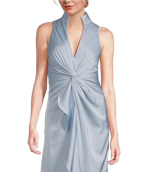 Aidan Mattox Satin V-Neck Twist Front with Cascading Ruffle Gown Product Image