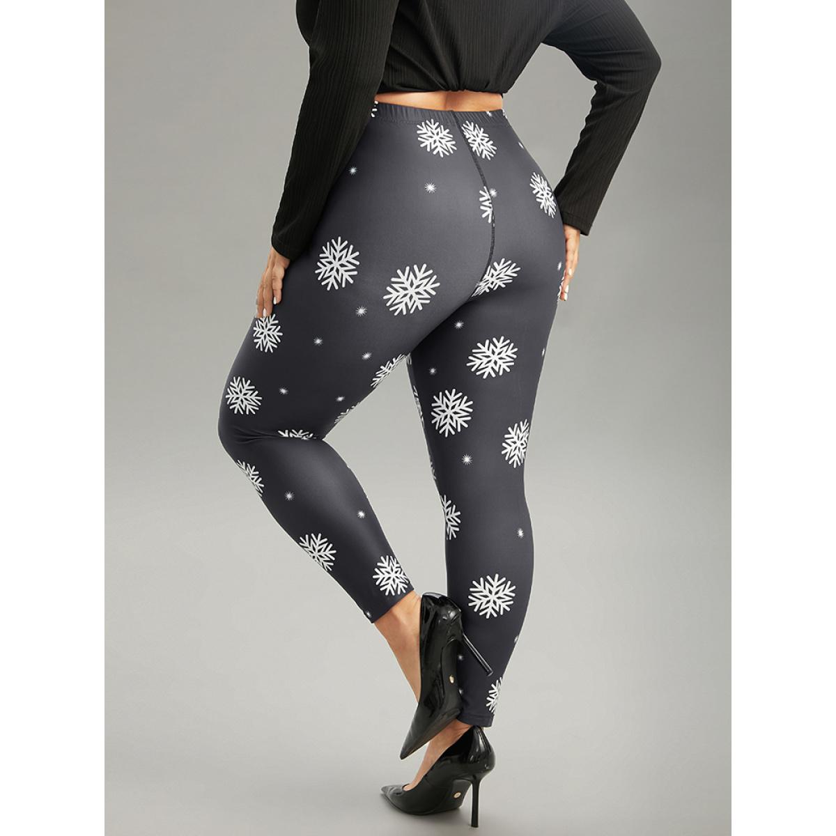 Plus Size Christmas Snowflake Elastic Waist Skinny Leggings Women Black Glamour High stretch Skinny High Rise Festival-Christmas Leggings BloomChic 28/5X Product Image