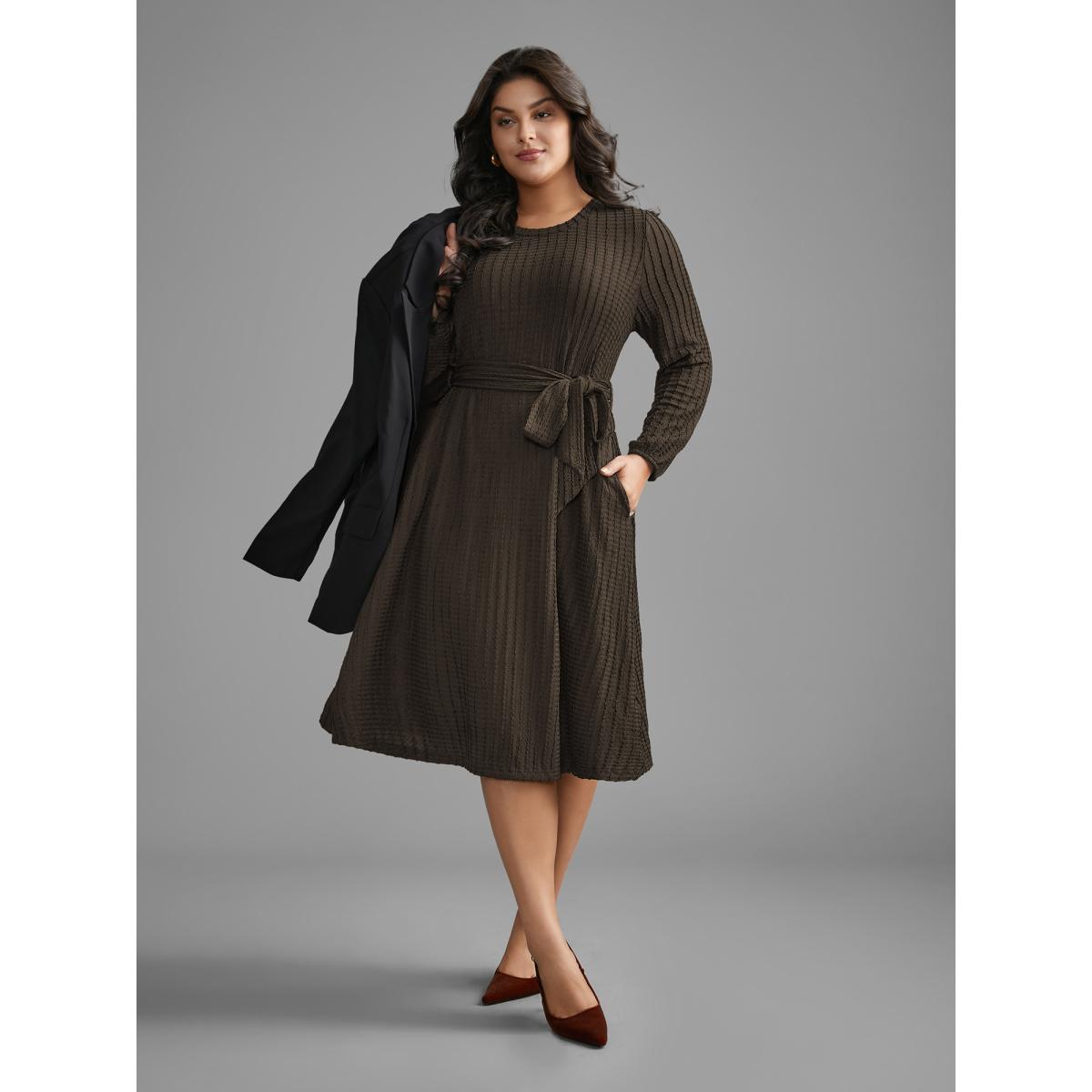 Plus Size Plain Textured Belted Knit Dress DarkBrown Women Casual Texture Knit Dresses Bloomchic 30/6X Product Image