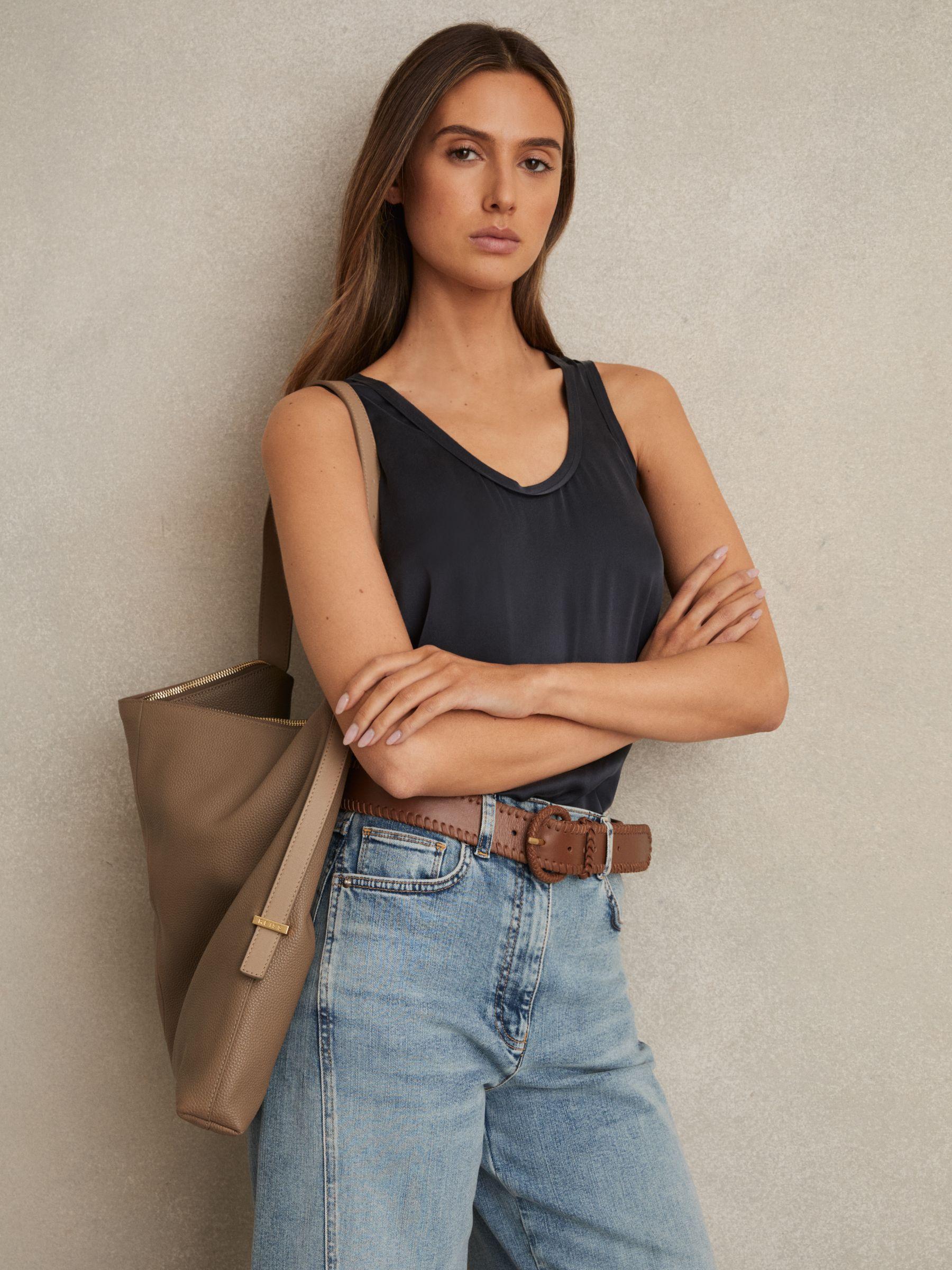 Grained Leather Tote Bag in Taupe Product Image