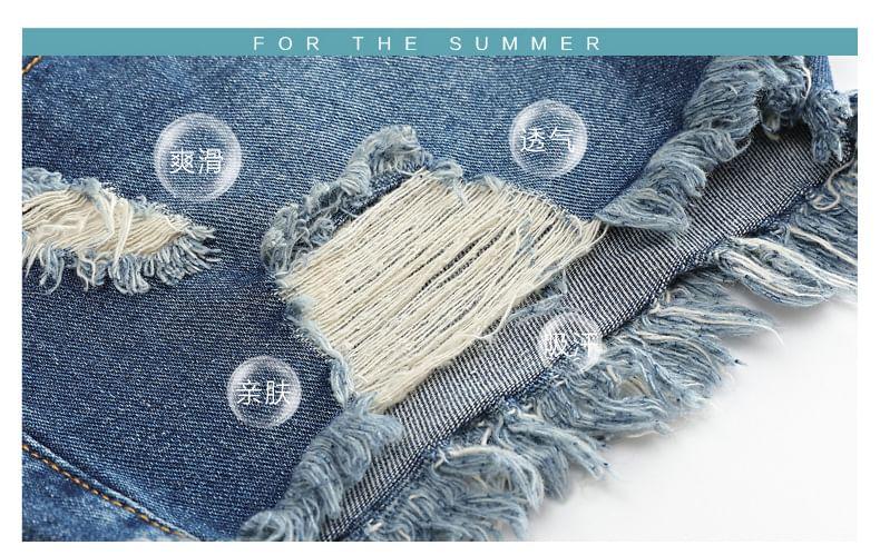 Maternity Low Rise Washed Frayed Distressed Denim Shorts Product Image