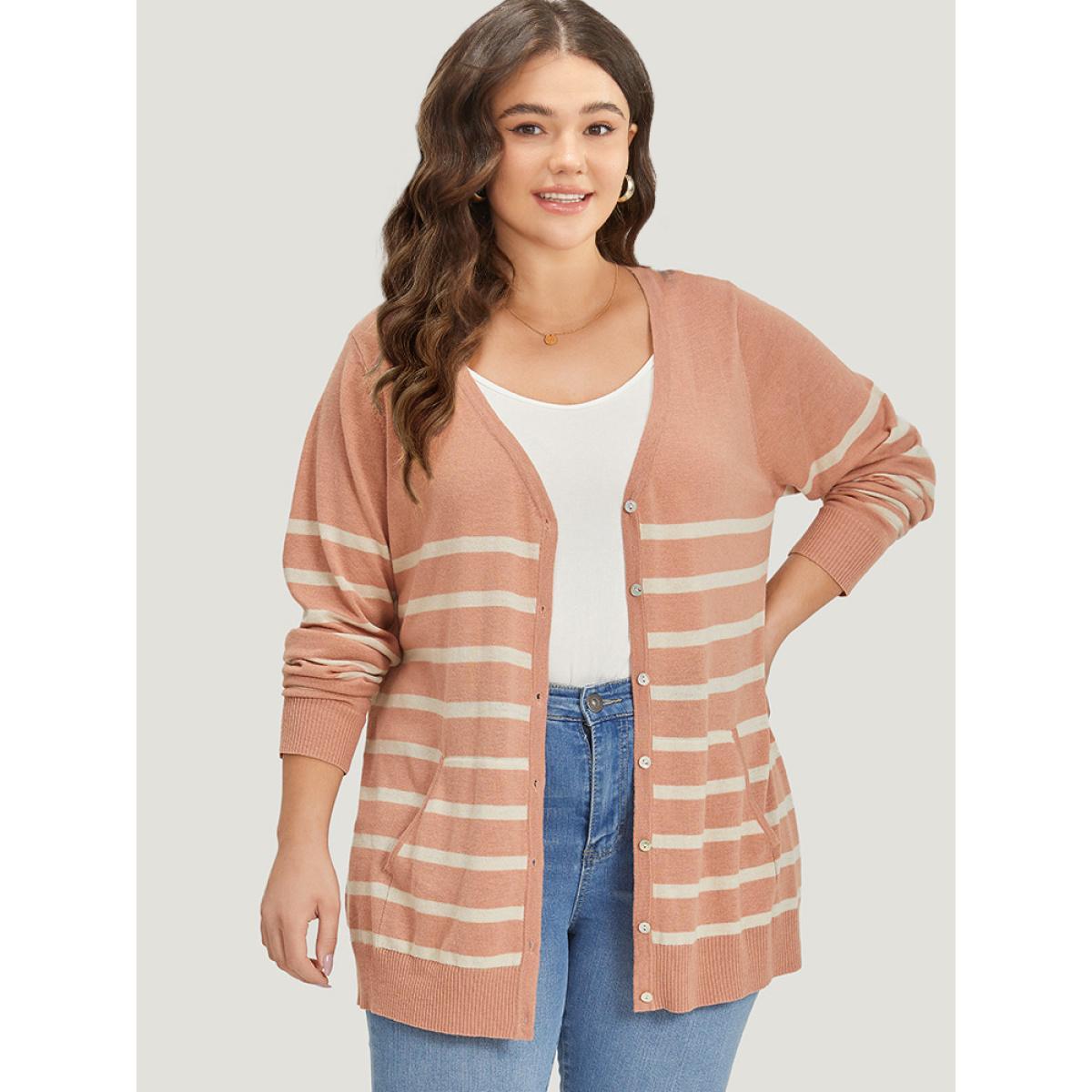 Plus Size Supersoft Essentials Striped Pocket Button Through Cardigan Crepe Women Leisure Loose Long Sleeve Casual Cardigans BloomChic 22-24/3X Product Image