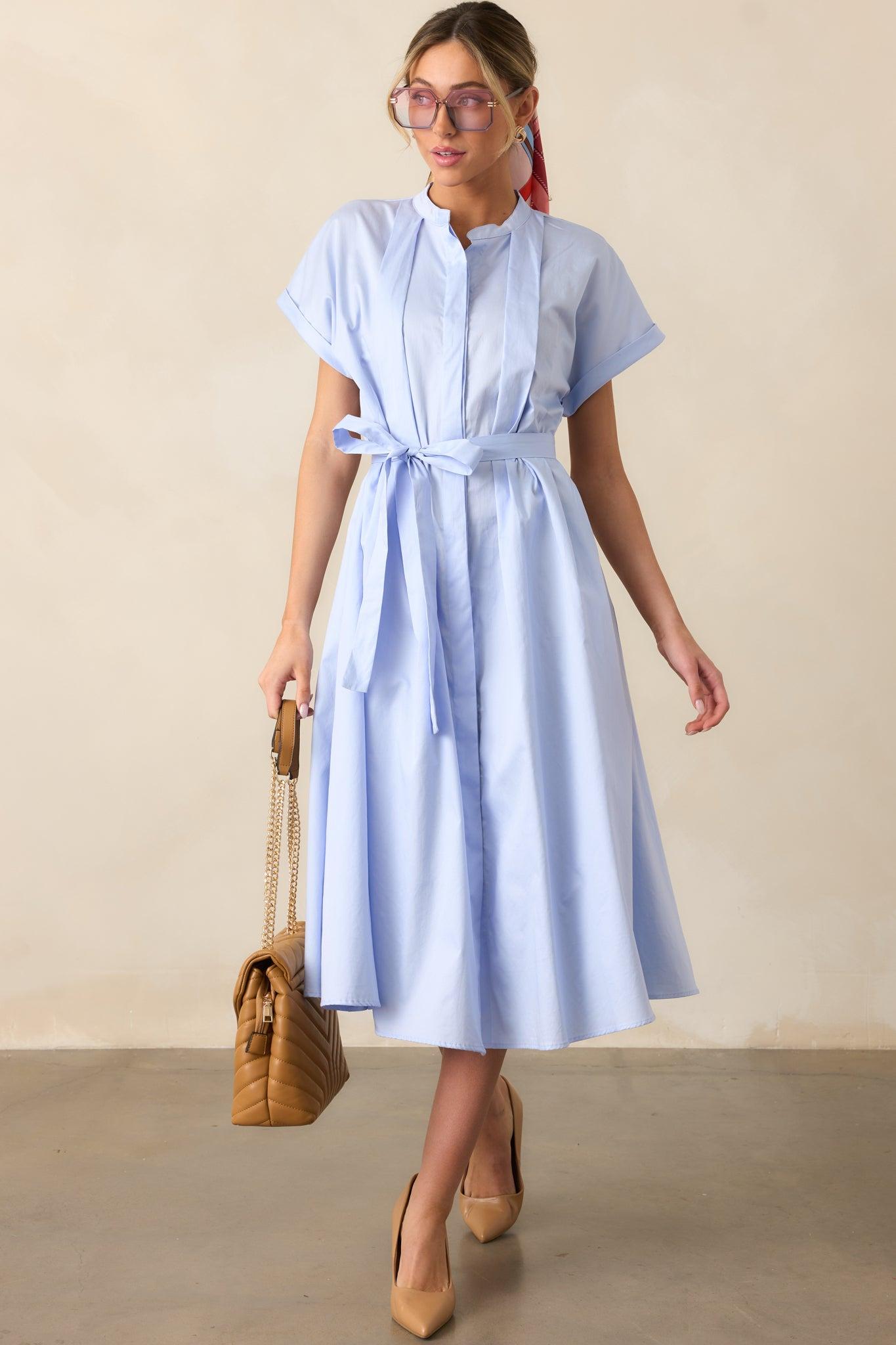 Late Nights Sky Blue Cotton Button Front Midi Dress Product Image