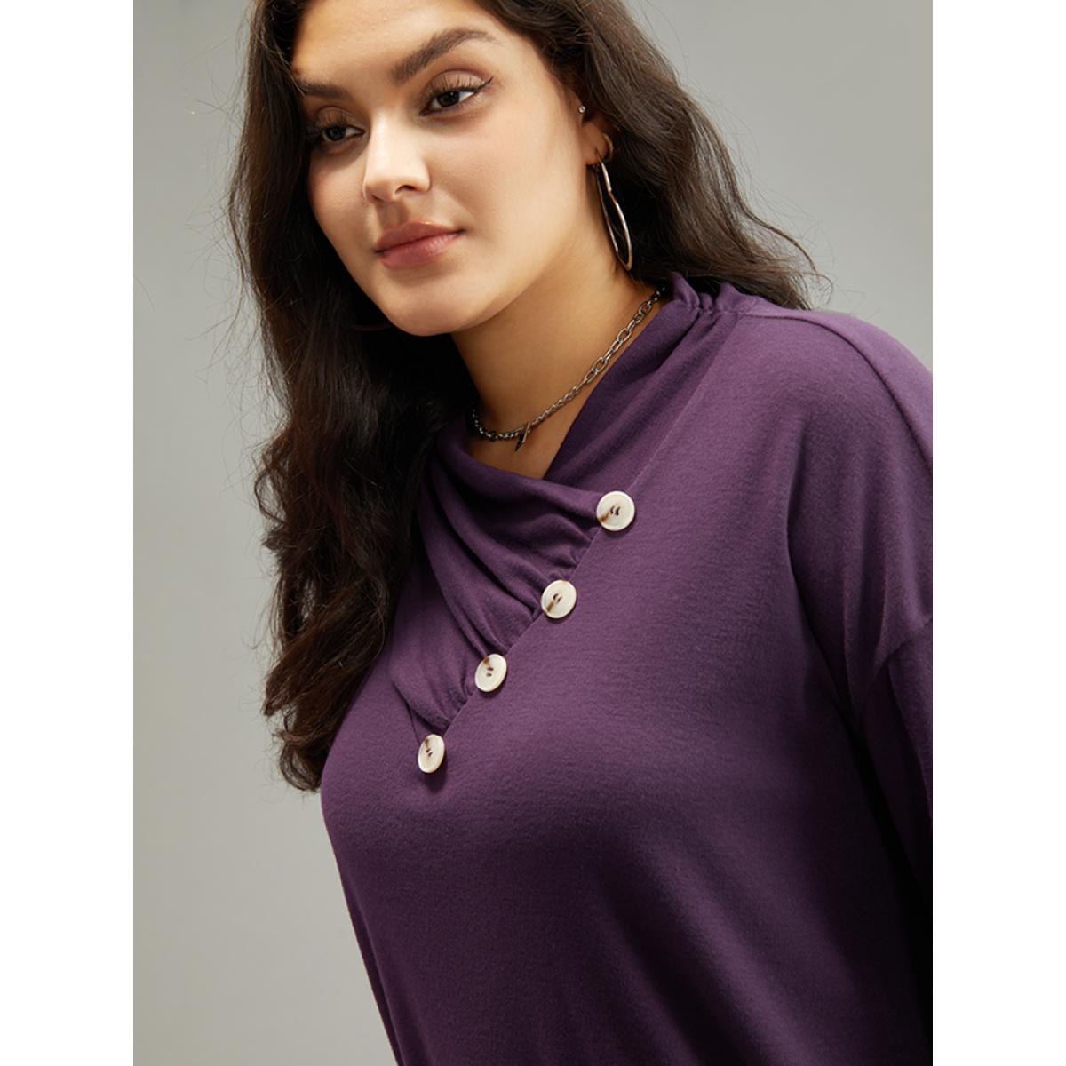 Plus Size Plain Cowl Neck Button Detail Sweatshirt Women Eggplant Casual Plain Overlap Collar Dailywear Sweatshirts BloomChic 12/L Product Image