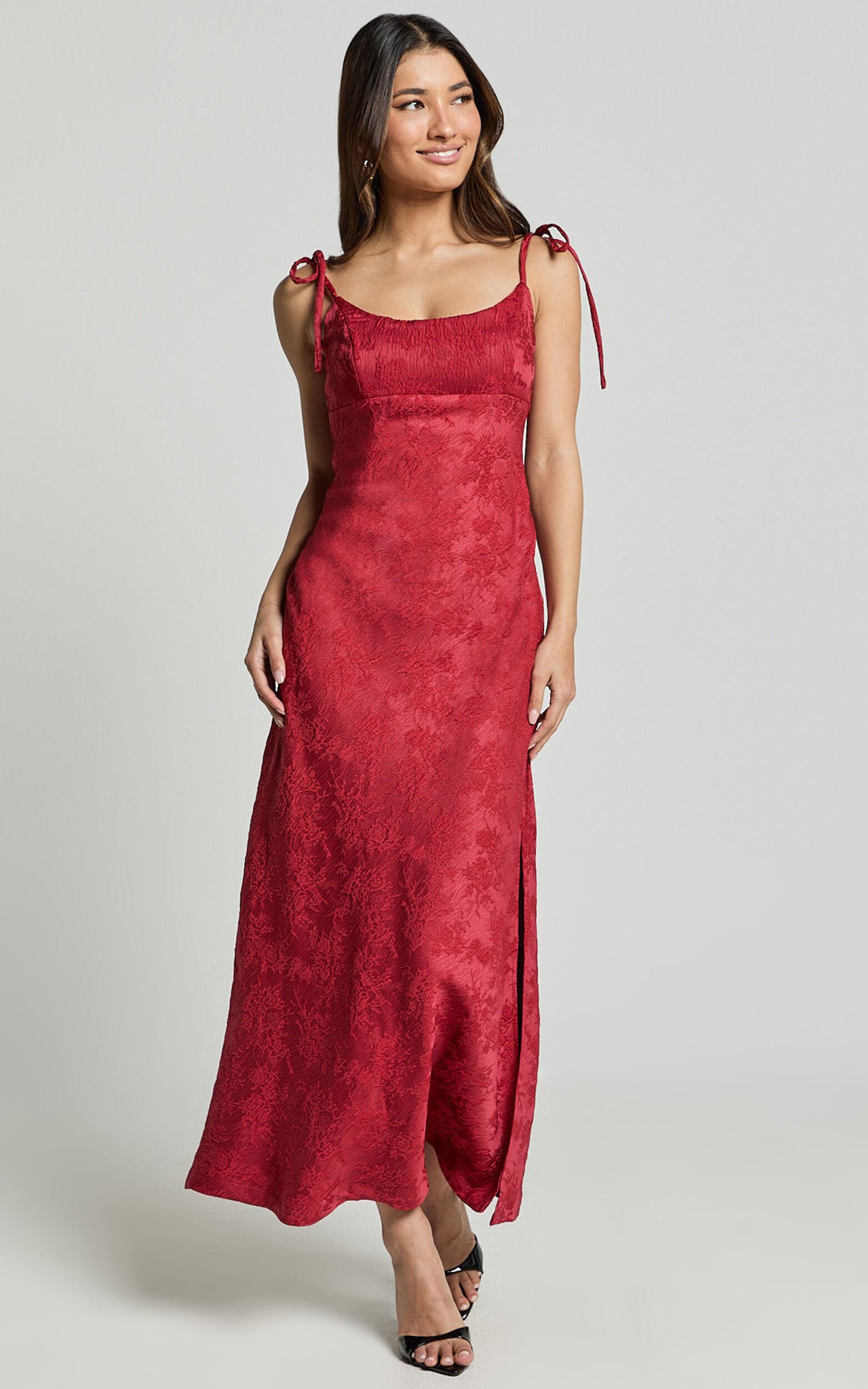 Romarie Maxi Dress - Tie Shoulder Backless Jacquard Dress in Red Product Image
