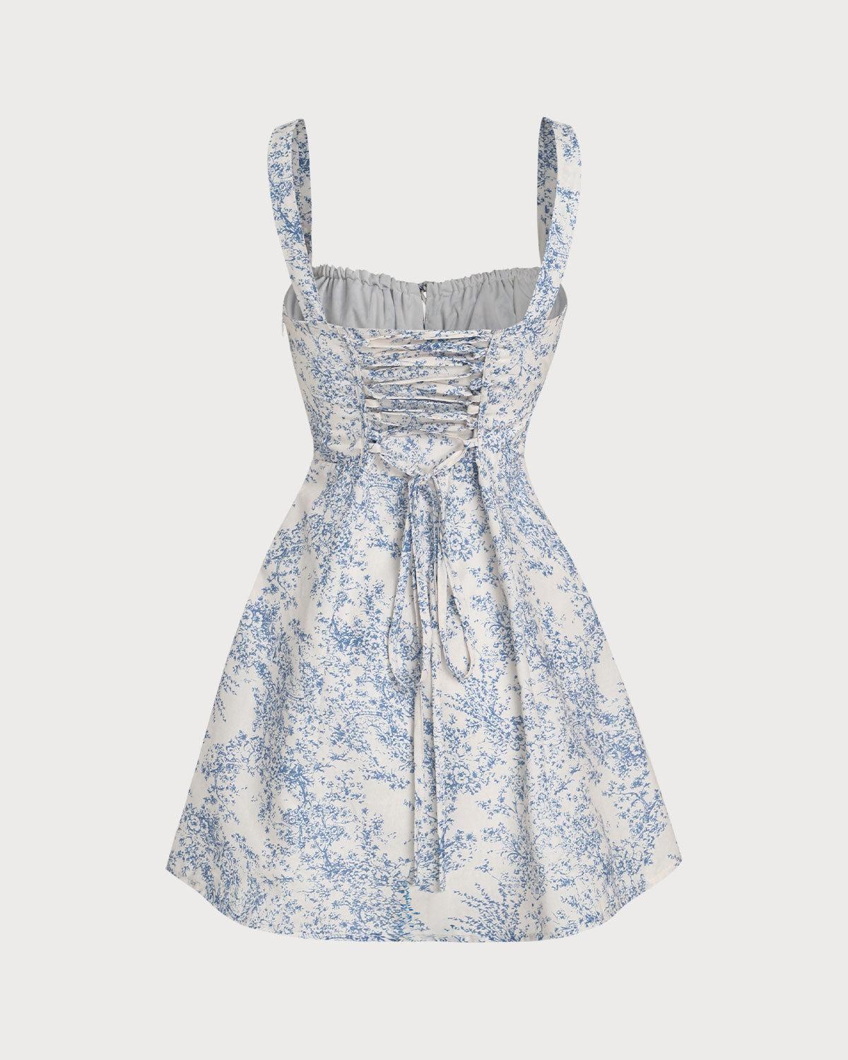 Blue Floral Ruched Slip Corset Mini Dress Product Image