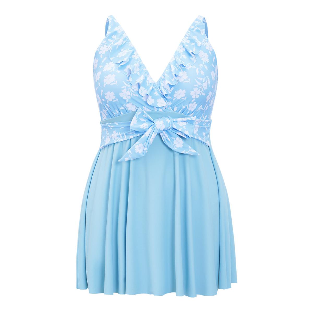 Plus Size Floral Patchwork Ruffle Trim Knot Front Swim Dress Women's Swimwear LightBlue Vacation Bodycon V-neck High stretch Curve Swim Dresses BloomChic 28/5X Product Image
