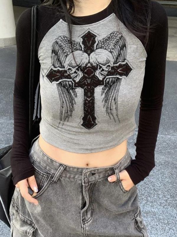 Skull Cross Print Raglan Long Sleeve Knit Product Image
