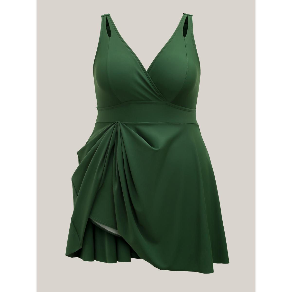 Plus Size Ruched Seams Cut-Out Swim Dress Women's Swimwear ArmyGreen Beach Bodycon Overlap Collar High stretch Curve Swim Dresses BloomChic 14-16/1X Product Image