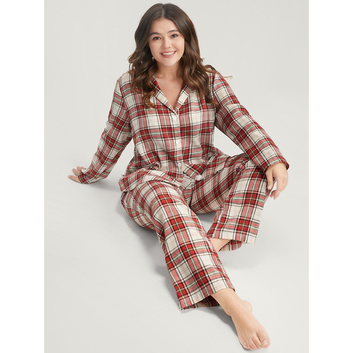 Plus Size Plaid Lapel Collar Button Up Pajama Set Women Scarlet Plaid Elastic Waist Long Sleeve Lapel Collar Casual Loungewear Sets BloomChic 14-16/1X Product Image