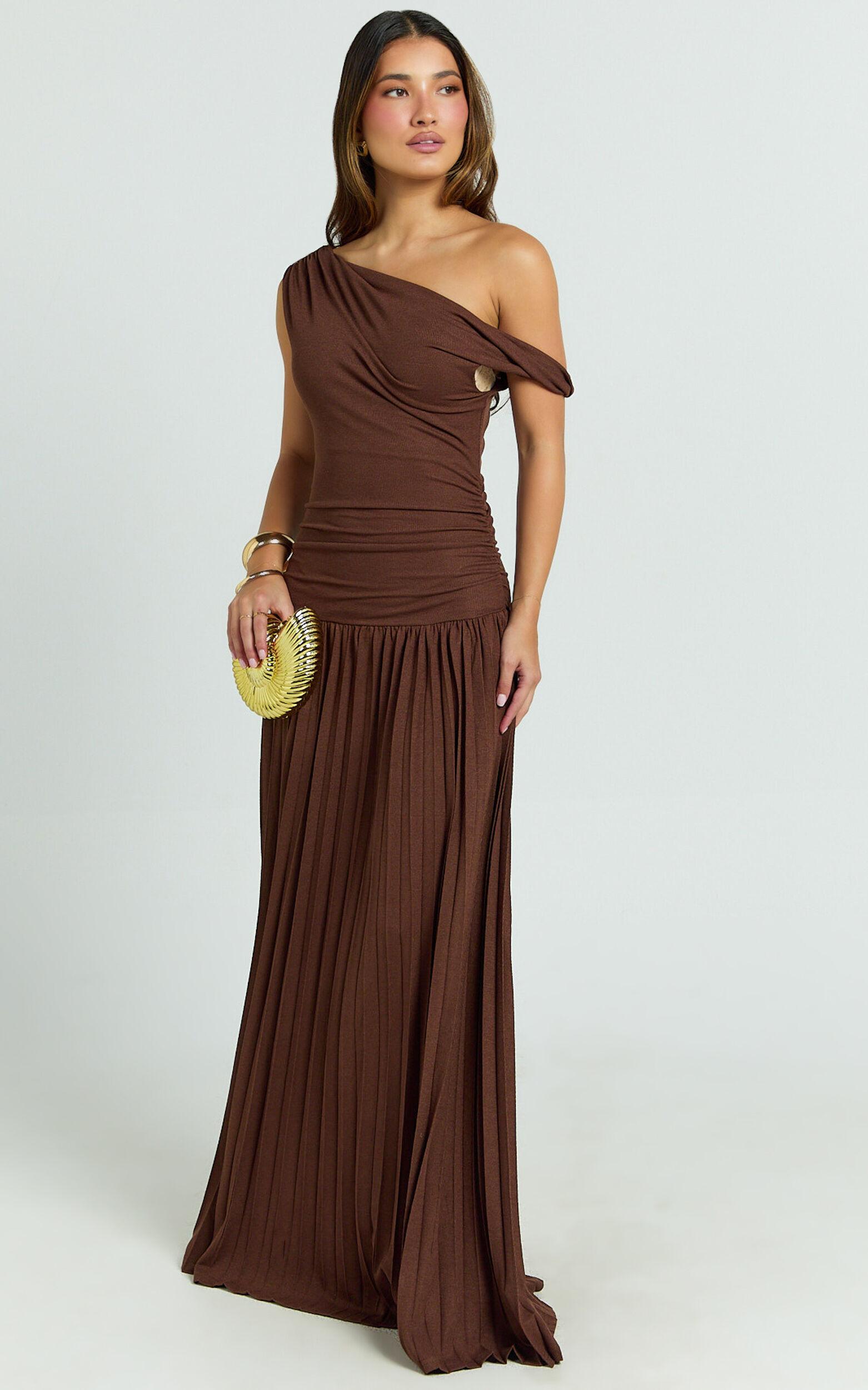 Yvonne Maxi Dress - Jersey Tip Shoulder Ruched Dress in Chocolate Product Image