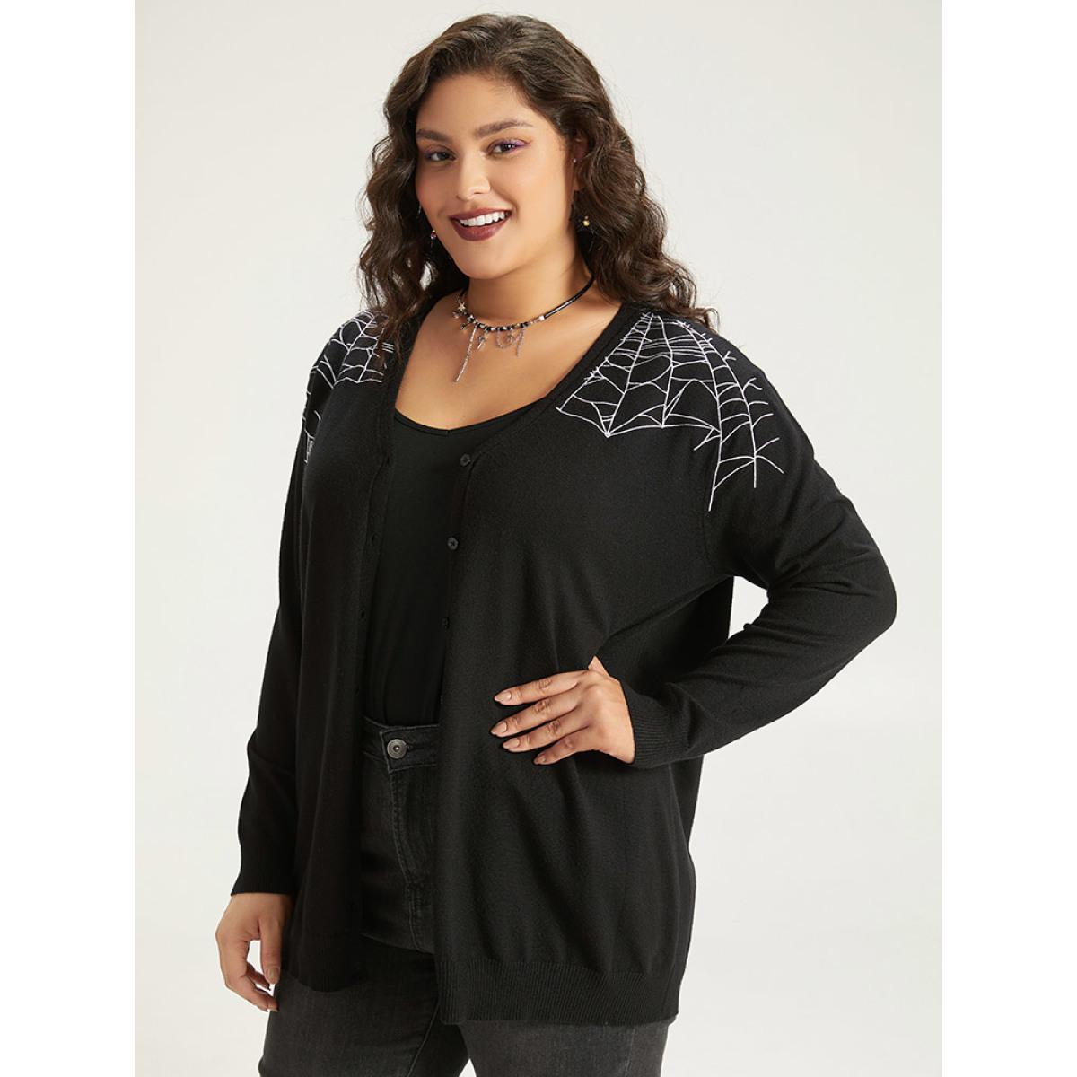 Plus Size Supersoft Essentials Halloween Spider Web Button Through Cardigan Black Women Leisure Loose Long Sleeve Casual Cardigans BloomChic 28/5X Product Image