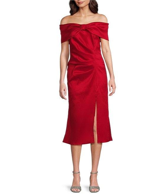 Marina Off-The-Shoulder Short Sleeve Side Slit Taffeta Midi Dress Product Image