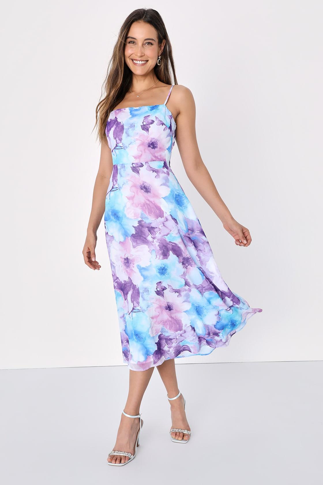Radiant Feelings Blue and Purple Floral Chiffon Midi Dress Product Image