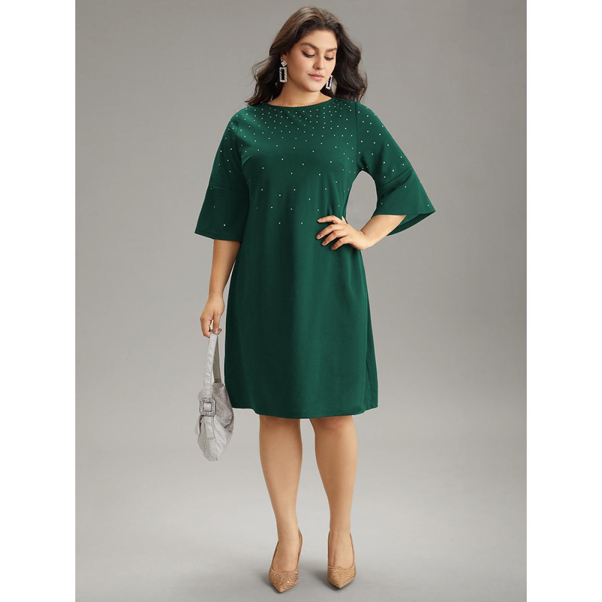 Plus Size Rhinestone Curved Hem Bell Sleeve Dress Green Women Cocktail Rhinestone detailing Round Neck Elbow-length sleeve Curvy Knee Dress BloomChic 18-20/2X Product Image