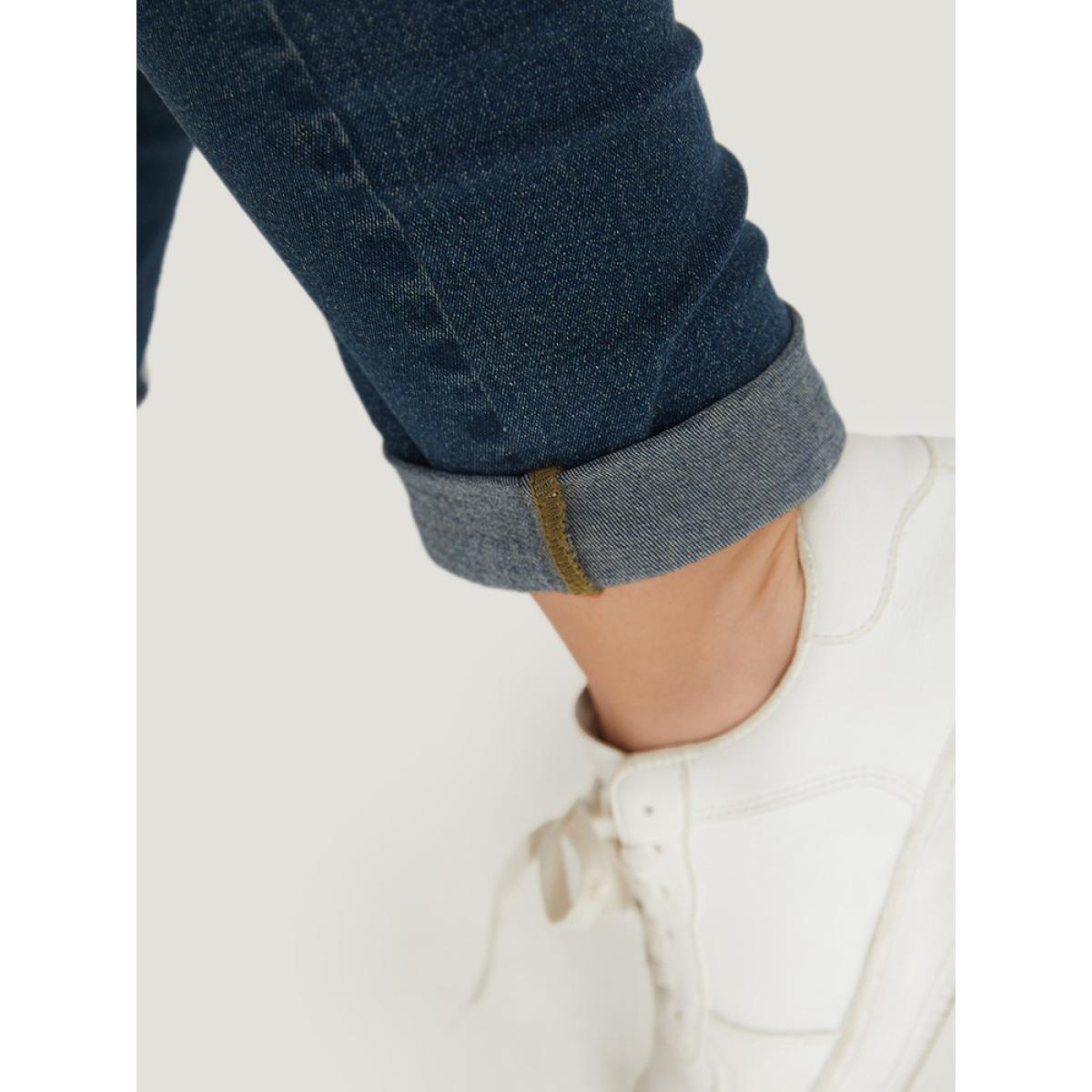 Plus Size Plain Elastic Waist Medium Wash Roll Hem Jeans Women Indigo Casual Plain Plain High stretch Pocket Jeans BloomChic 10/M Product Image