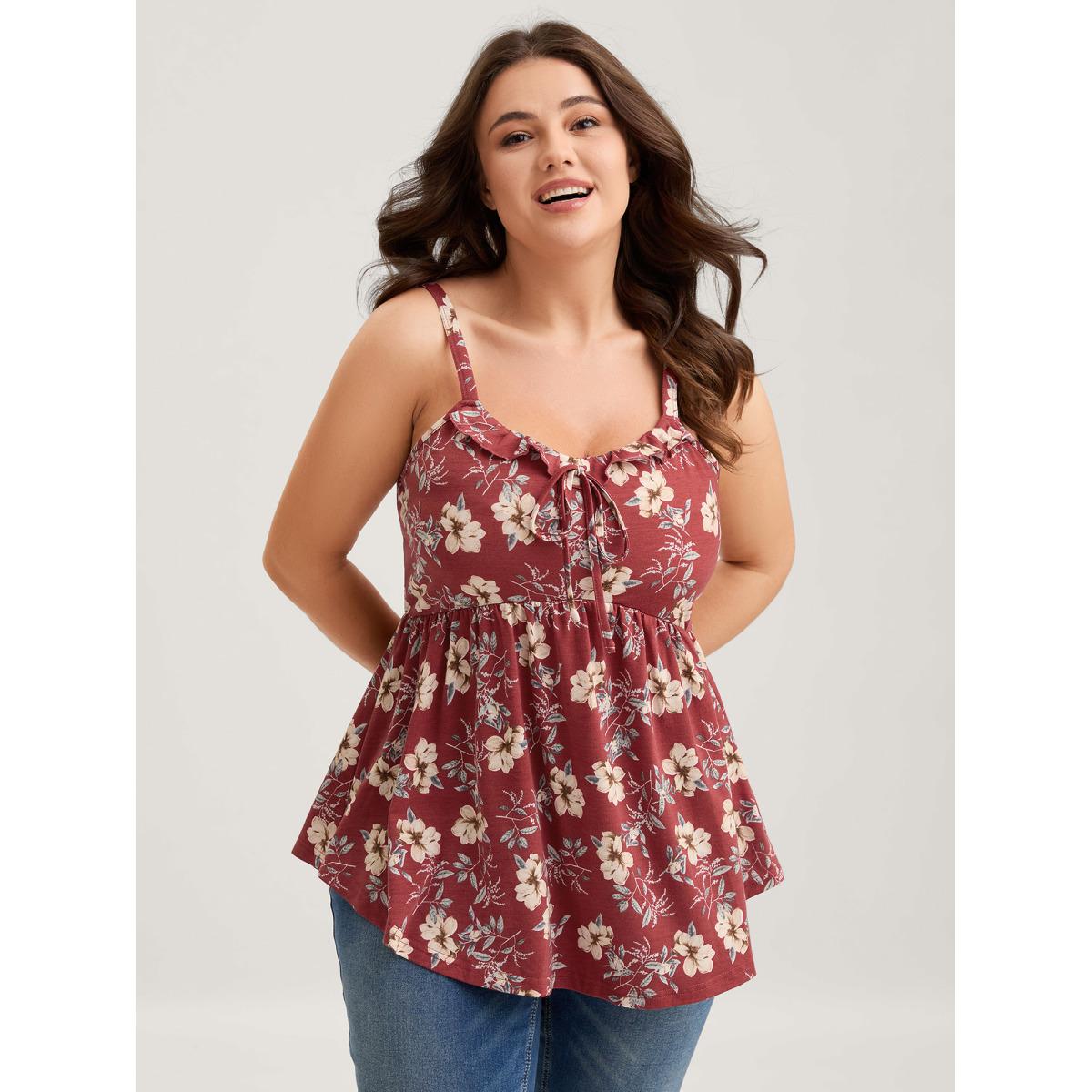 Plus Size Fall Florals Ruffled Neck-Tie Tank Top Women OrangeRed Leisure V-neck Casual Tank Tops Camis BloomChic 18-20/2X Product Image
