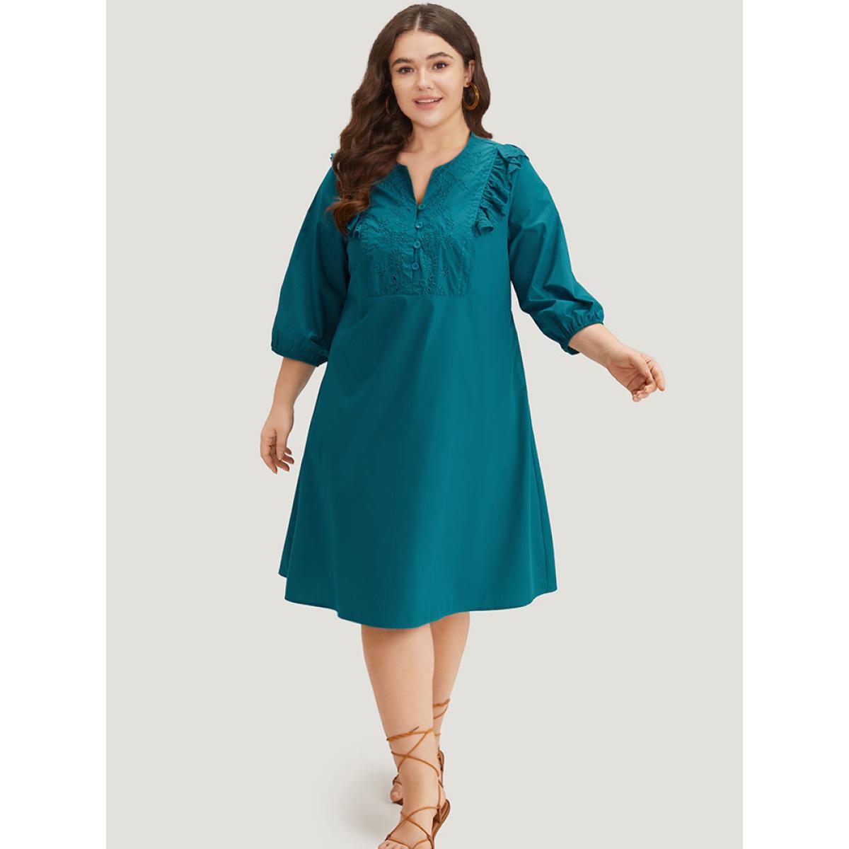 Plus Size Plain Ruffle Trim Lantern Sleeve Dress Cerulean Women Vacation Elastic cuffs Notched collar Elbow-length sleeve Curvy Midi Dress BloomChic 12/L Product Image