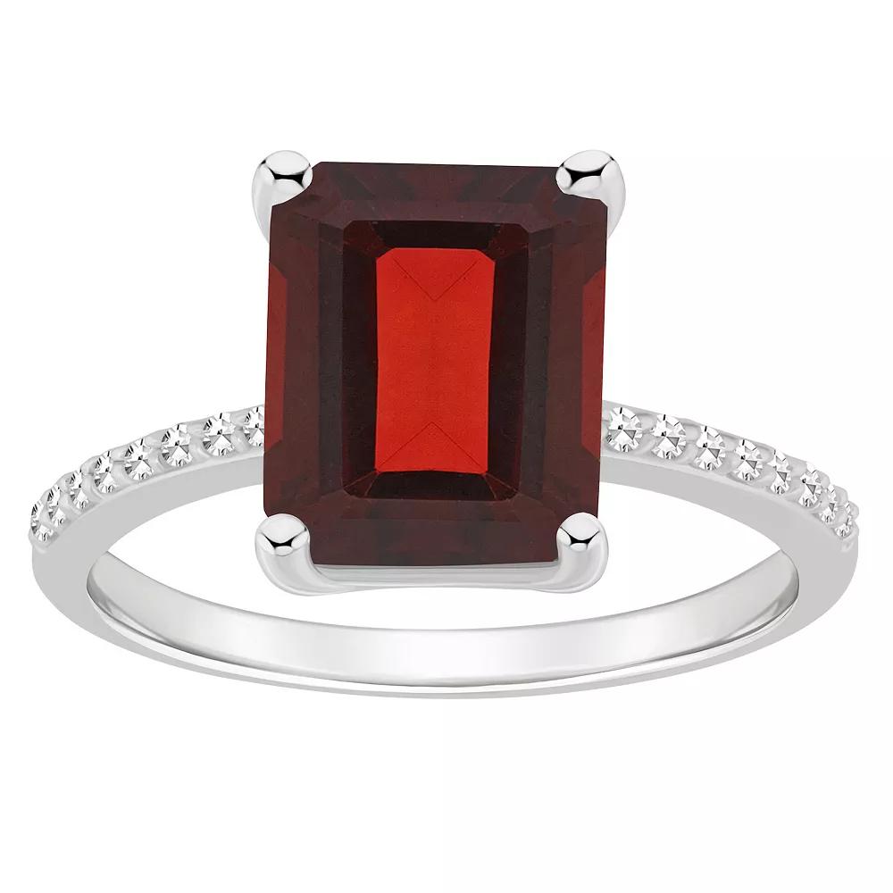 Alyson Layne Sterling Silver 10 mm x 8 mm Emerald Cut Gemstone & 1/10 Carat T.W. Diamond Ring, Women's, Size: 9, Red Product Image