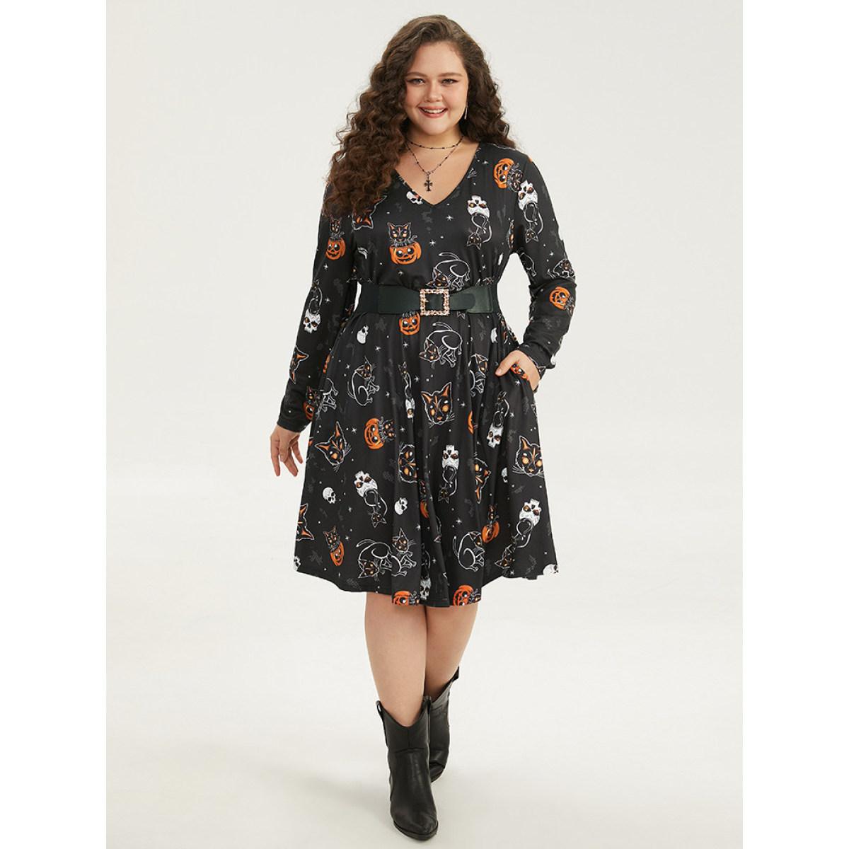 Plus Size Halloween Cat & Pumpkin Print Elastic Waist Dress Black Women Elegant Printed V-neck Long Sleeve Curvy Midi Dress BloomChic 18-20/2X Product Image