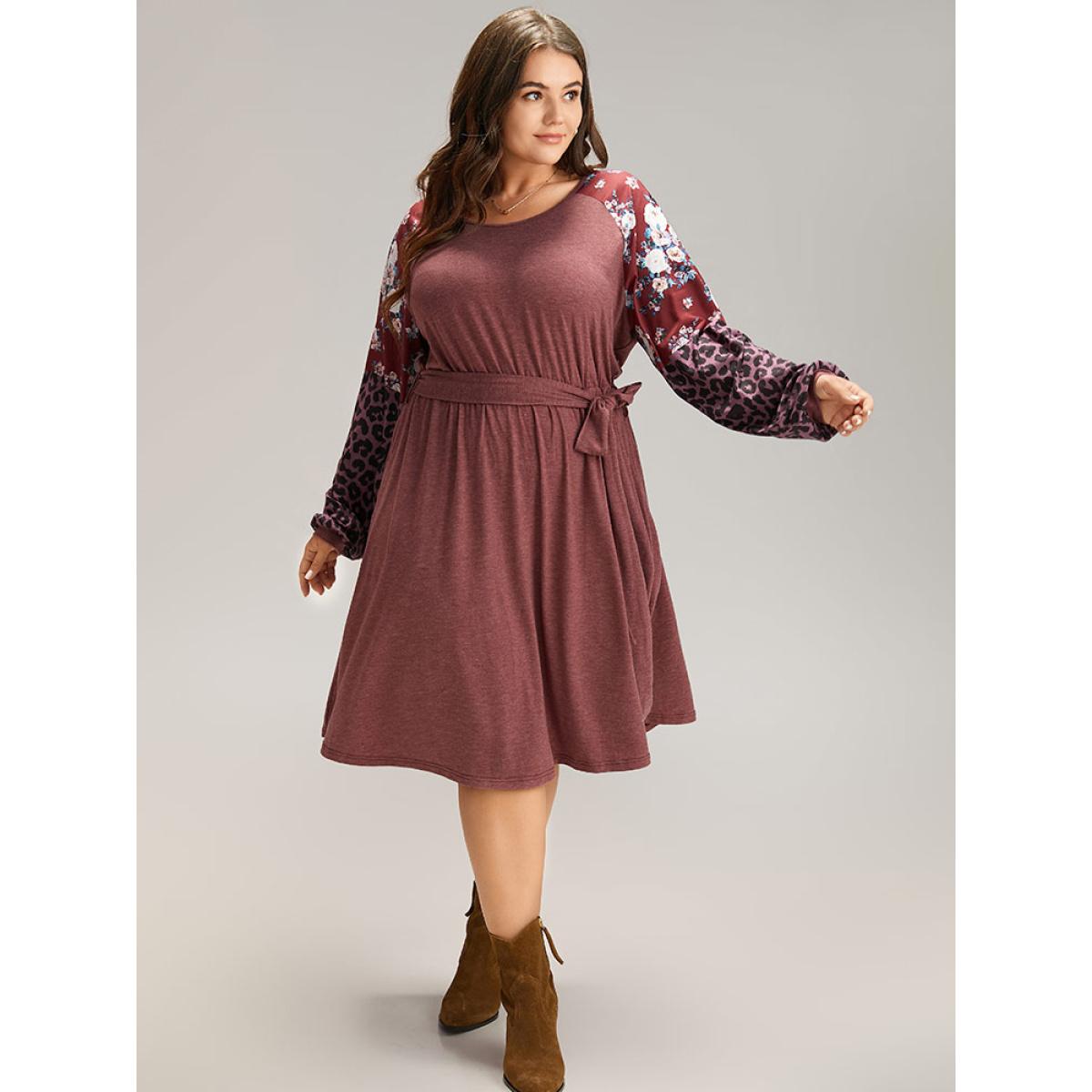 Plus Size Floral Leopard Patchwork Belted Lantern Sleeve Dress DustyPink Women Casual Belted Round Neck Long Sleeve Curvy Midi Dress BloomChic 10/M Product Image