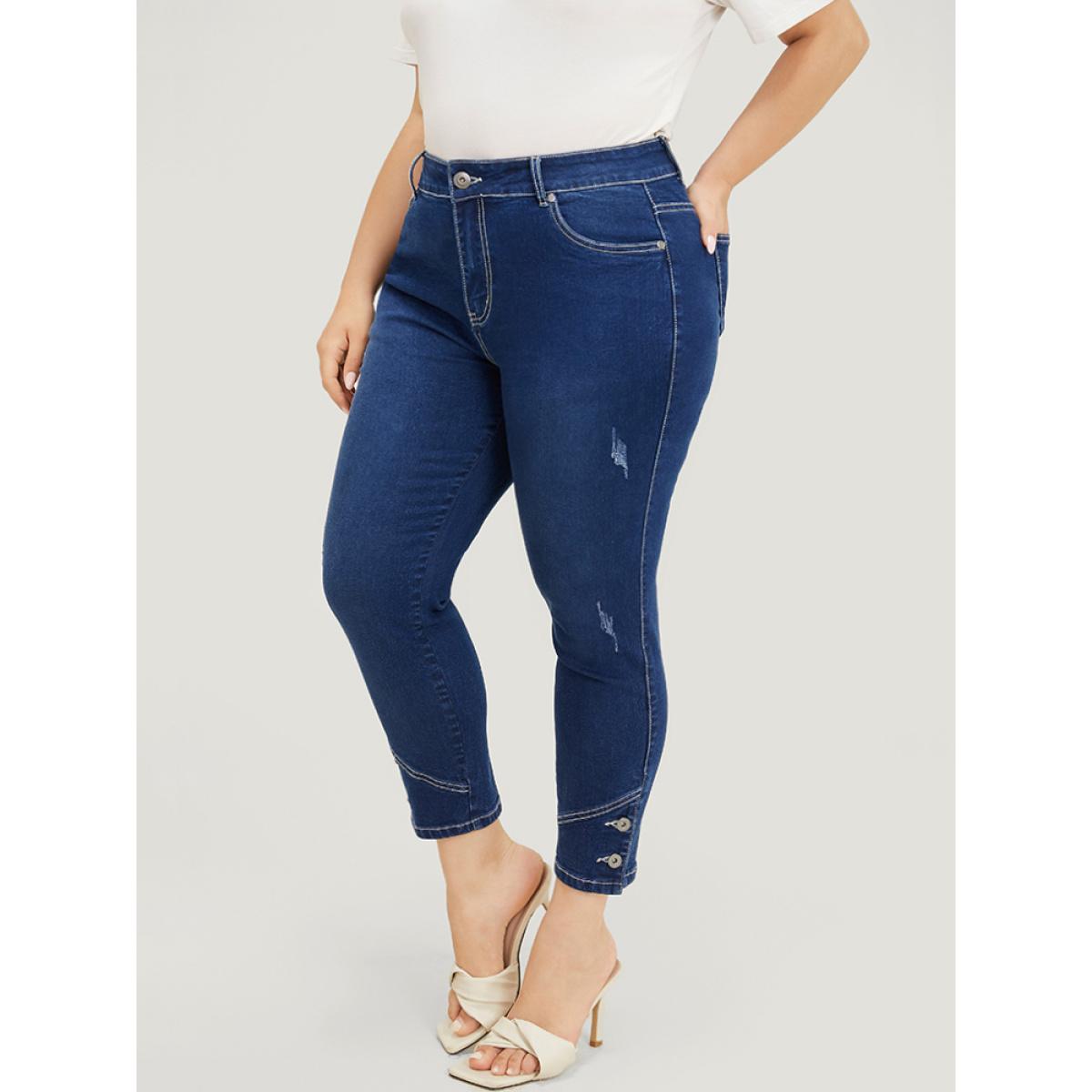 Plus Size Very Stretchy High Rise Dark Wash Button Hem Jeans Women Indigo Casual Plain Button High stretch Jeans BloomChic 14/1X Product Image