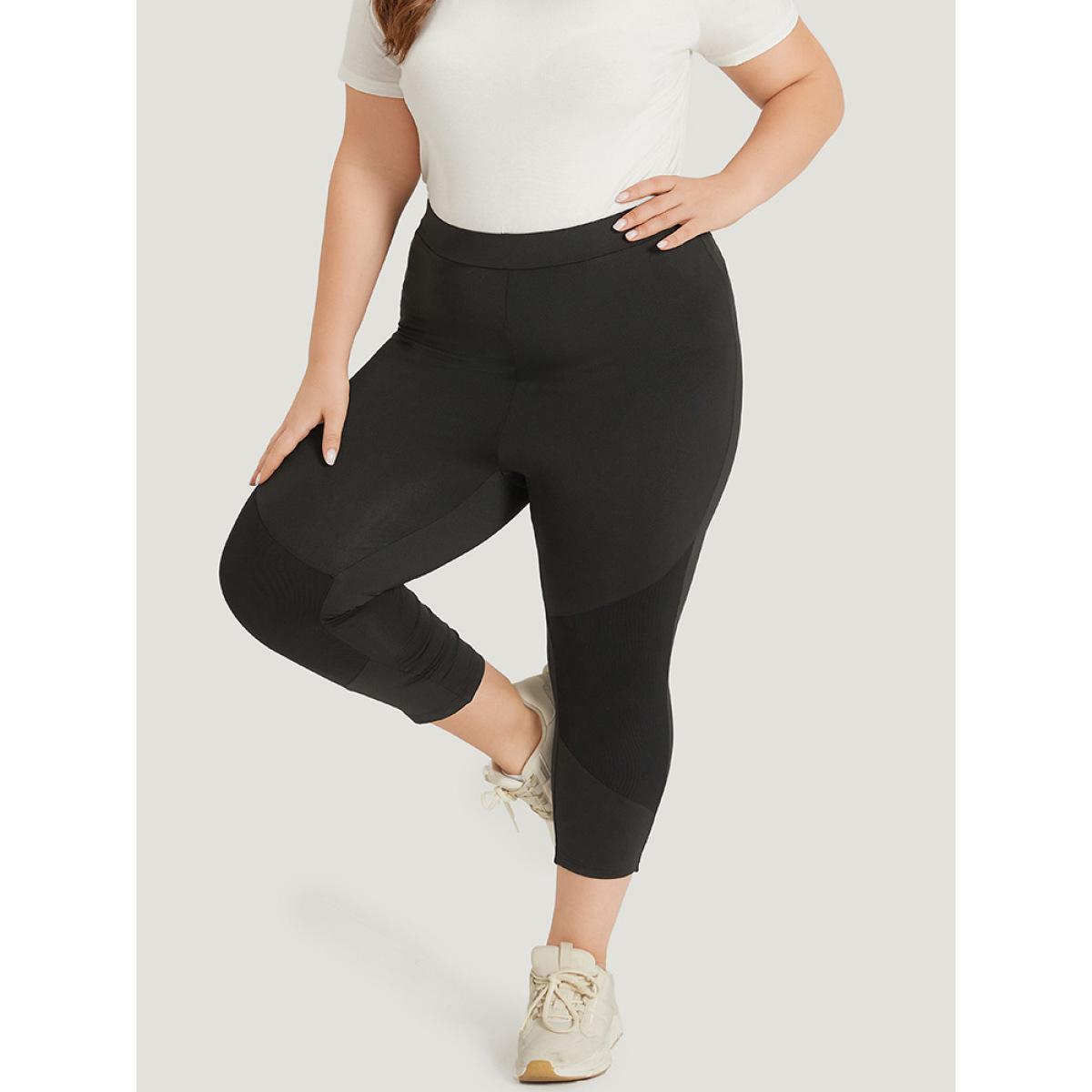 Plus Size Supersoft Essentials Plain Crochet Mesh Elastic Waist Leggings Women Black Casual High stretch Skinny High Rise Dailywear Leggings BloomChic 12/L Product Image