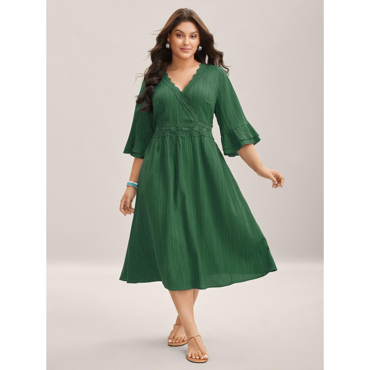 Plus Size Scalloped Lace Surplice Ruffled Midi Dress Truegreen Women Boho Overlap Collar Elbow-length sleeve Curvy BloomChic 30/6X Product Image