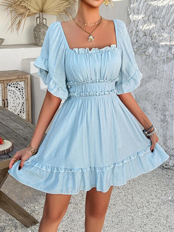 A-line High Waisted Elasticity Pleated Ruffle Trim Solid Color Square-neck Mini Dresses Product Image