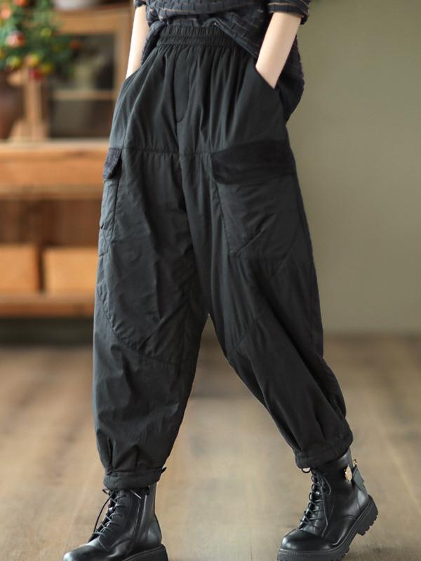 Vintage Loose Split-Joint Solid Color Elastic Waist Padded Harem Pants Product Image