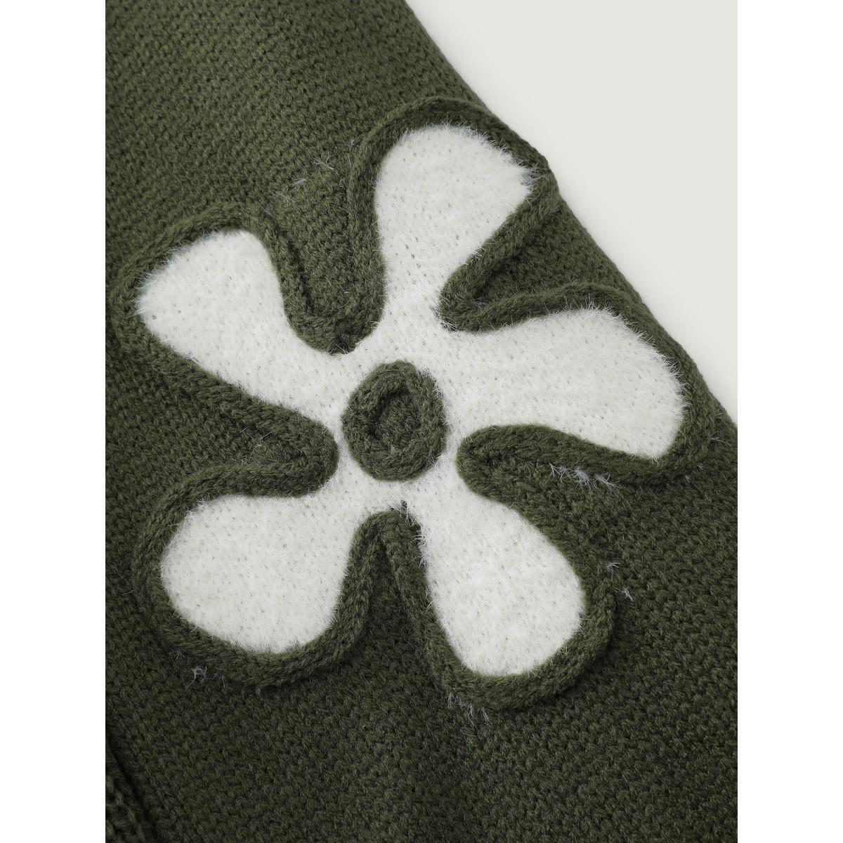 Plus Size Floral Cord Embroidered Cinched-Waist Sweater Dress ArmyGreen Women Romantic Bodycon Long Sleeve Elegant Sweater Dresses BloomChic 12/L Product Image