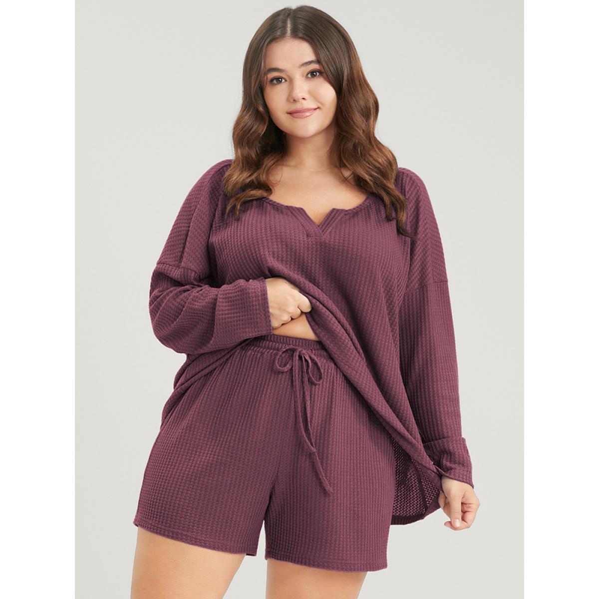 Plus Size Solid Notched Waffle Knit Pajama Set Women DustyPink Plain Plain Long Sleeve Notched collar Casual Loungewear Sets BloomChic 10/M Product Image