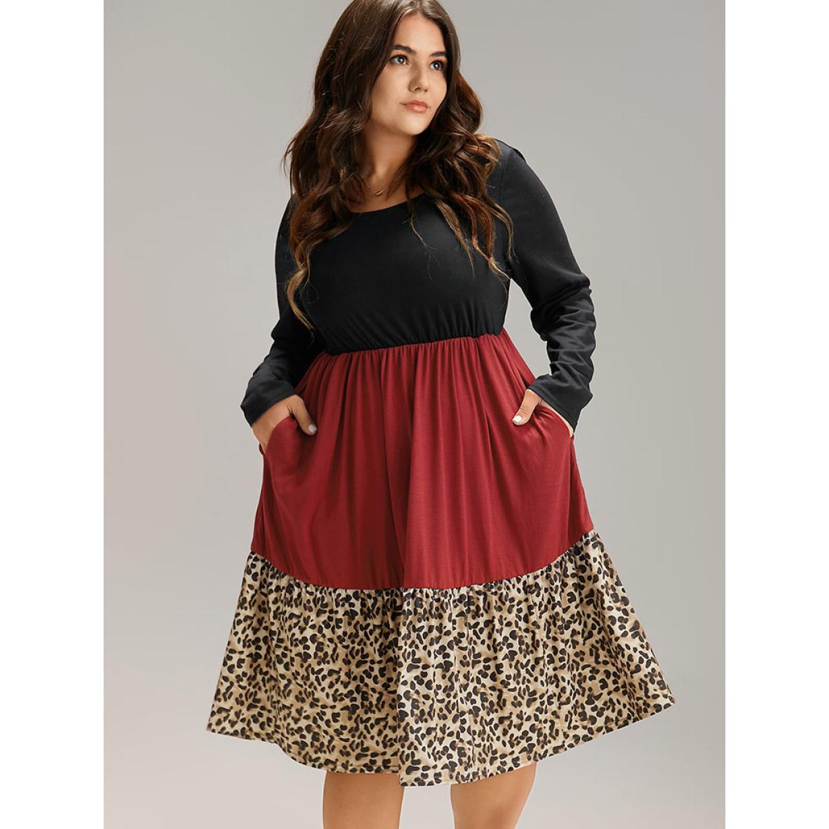 Plus Size Supersoft Essentials Colorblock Contrast Leopard Dress Black Women Casual Patchwork Round Neck Long Sleeve Curvy Midi Dress BloomChic 30/6X Product Image