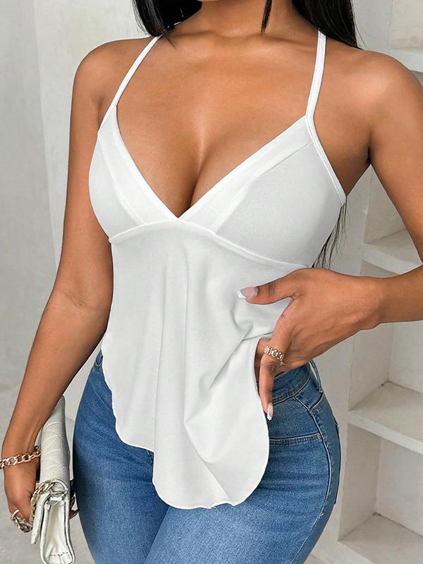 Loose Sleeveless Backless Pleated Solid Color Tied Deep V-Neck Vest Top Product Image