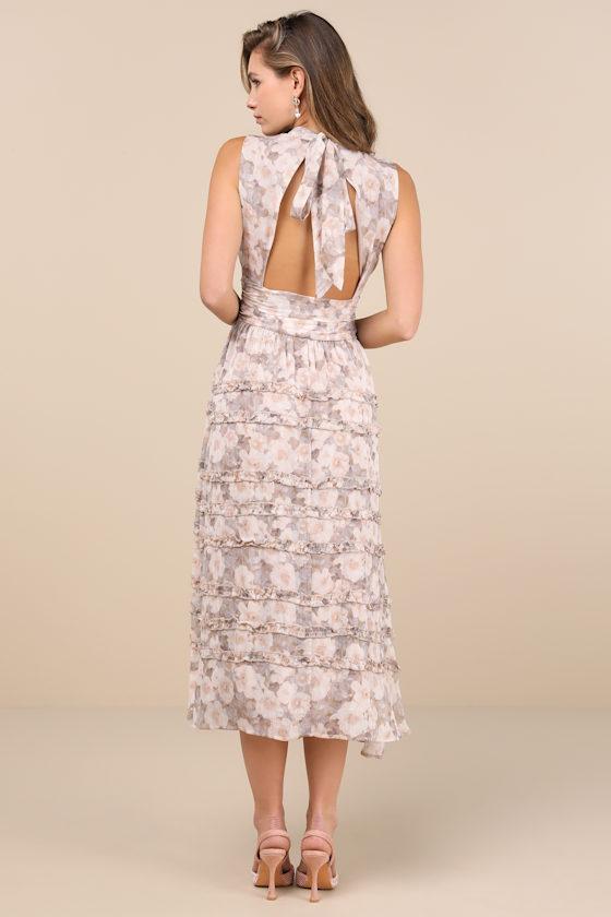 Happily Sweet Beige Floral Mock Neck Backless Midi Dress Product Image