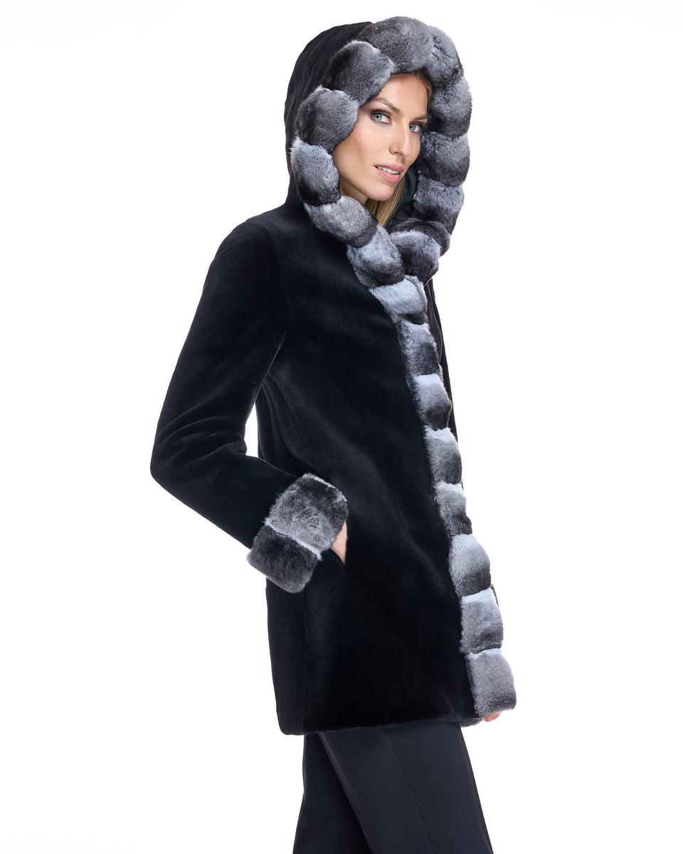 Sheared Mink Reversible Hooded Coat with Chinchilla Trim Product Image