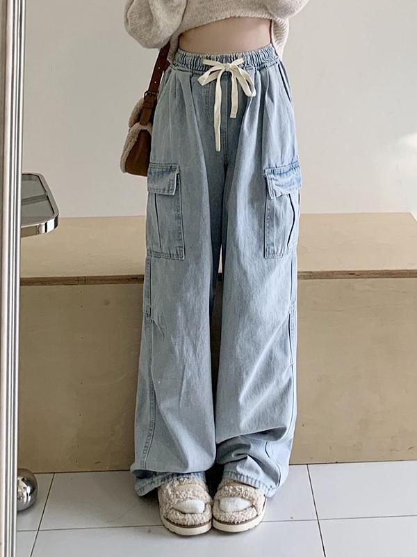 Light Wash Multi Pocket Drawstring Cargo Jeans Product Image