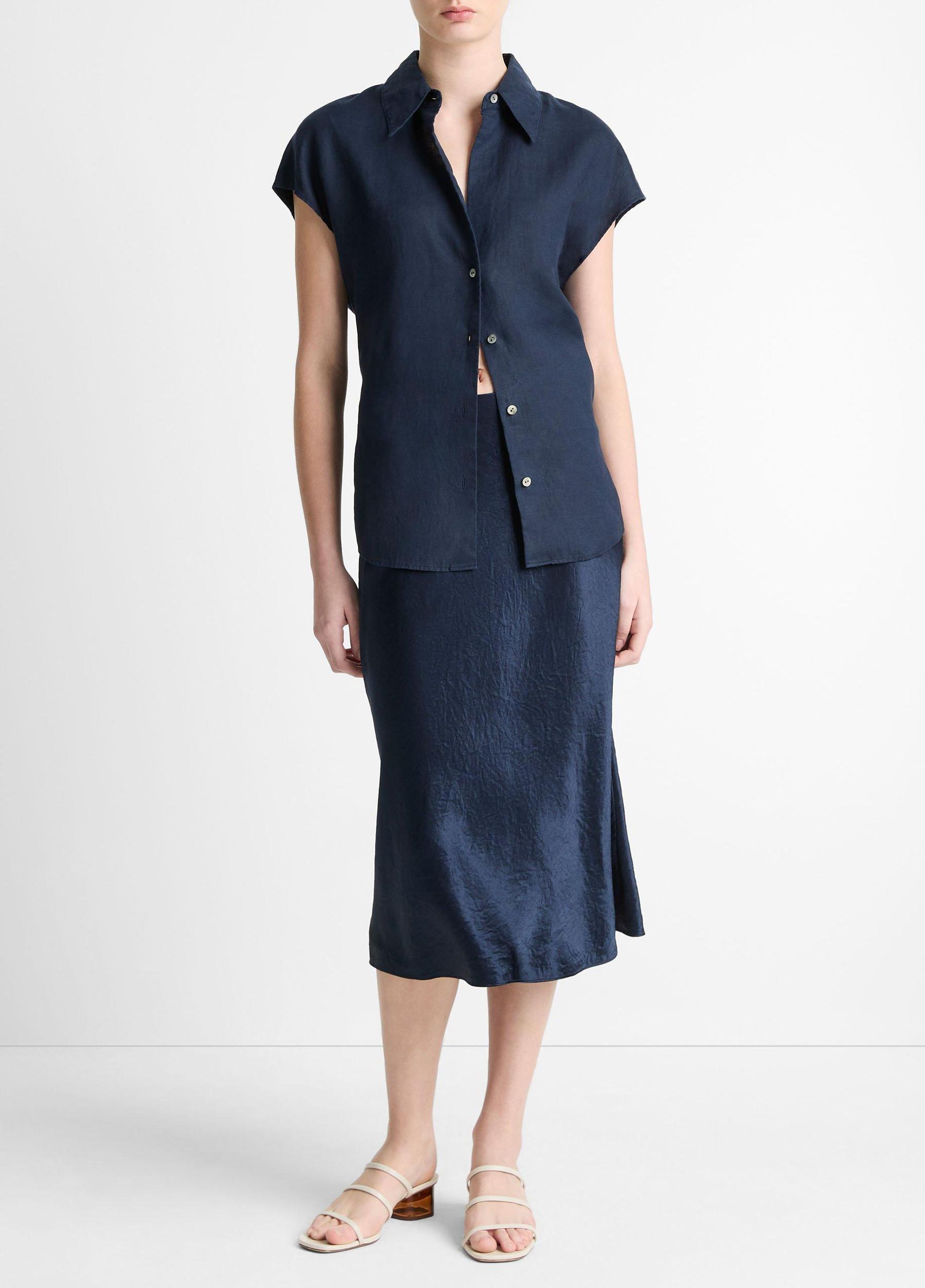 Linen Cap-Sleeve Button-Front Blouse Product Image