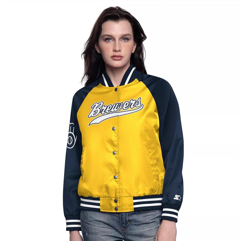 Women's Starter Gold/Navy Milwaukee Brewers Home Run Full-Snap Varsity Jacket, Size: Medium Product Image