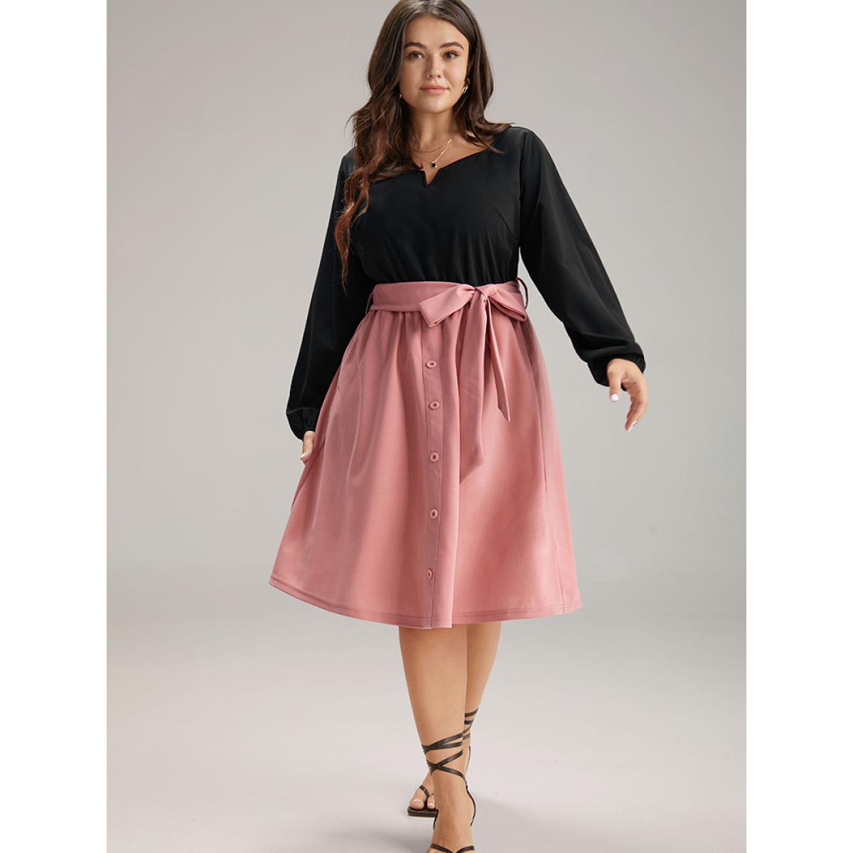 Plus Size Contrast Patchwork Button Detail Belted Dress Rouge Women At the Office Elastic cuffs Notched collar Long Sleeve Curvy Midi Dress BloomChic 22-24/3X Product Image