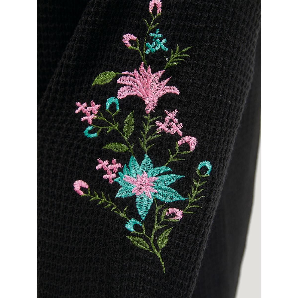 Plus Size Plants Embroidered Lantern Sleeve Open Front Cardigan Black Women Casual Loose Long Sleeve Dailywear Cardigans BloomChic 14-16/1X Product Image