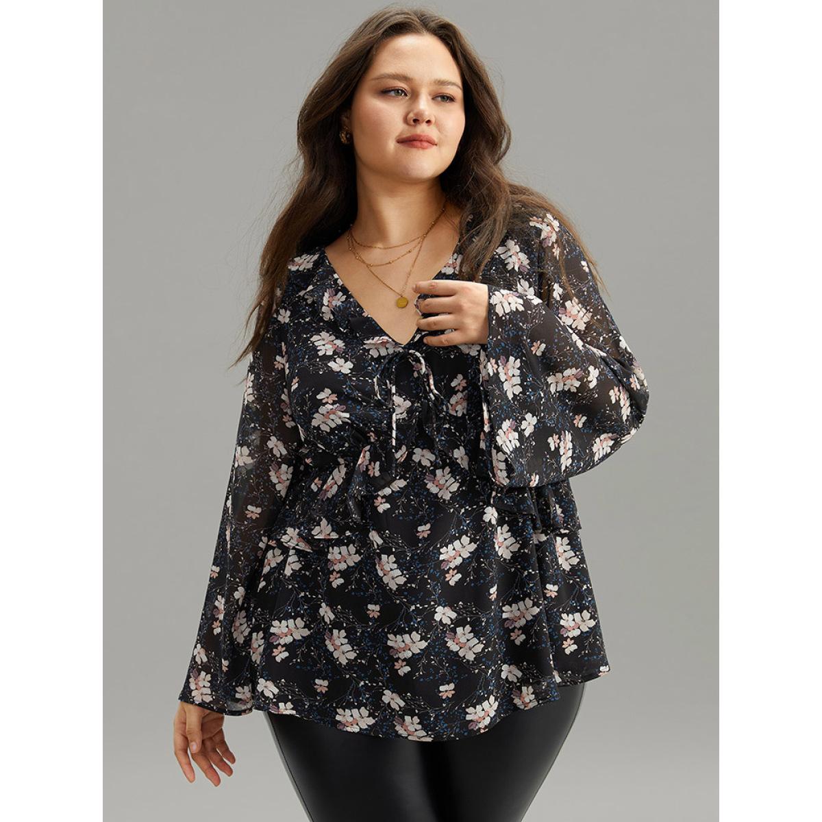 Plus Size BlackFlower Ditsy Floral Ties Ruffles Elastic Waist Blouse Women Elegant Long Sleeve V-neck Dailywear Blouses BloomChic 28/5X Product Image